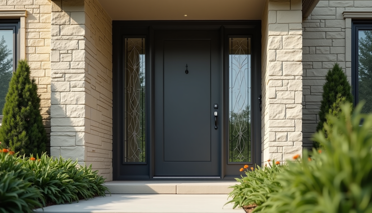 Eye-level view of a custom steel front door with decorative glass panels