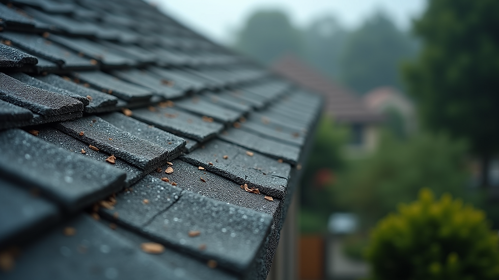 High angle view of roof with missing shingles after a storm
