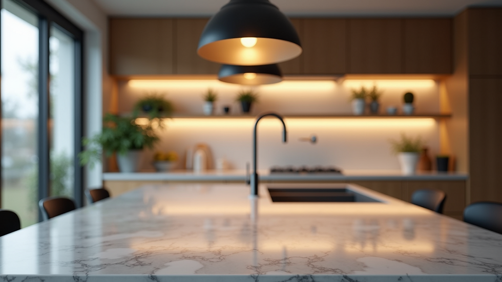 Close-up view of a modern kitchen island with pendant lighting and open shelves