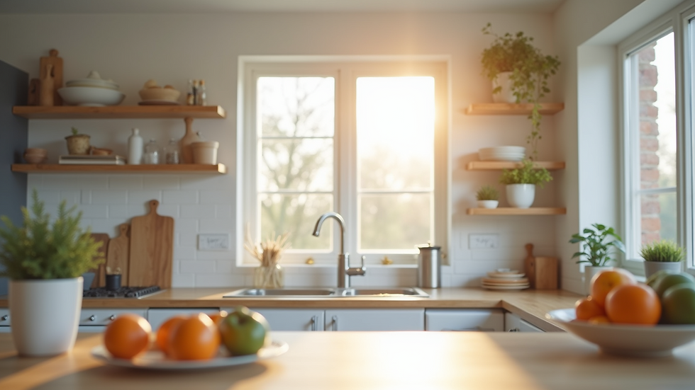 Eye-level view of clean and organized modern kitchen with natural light