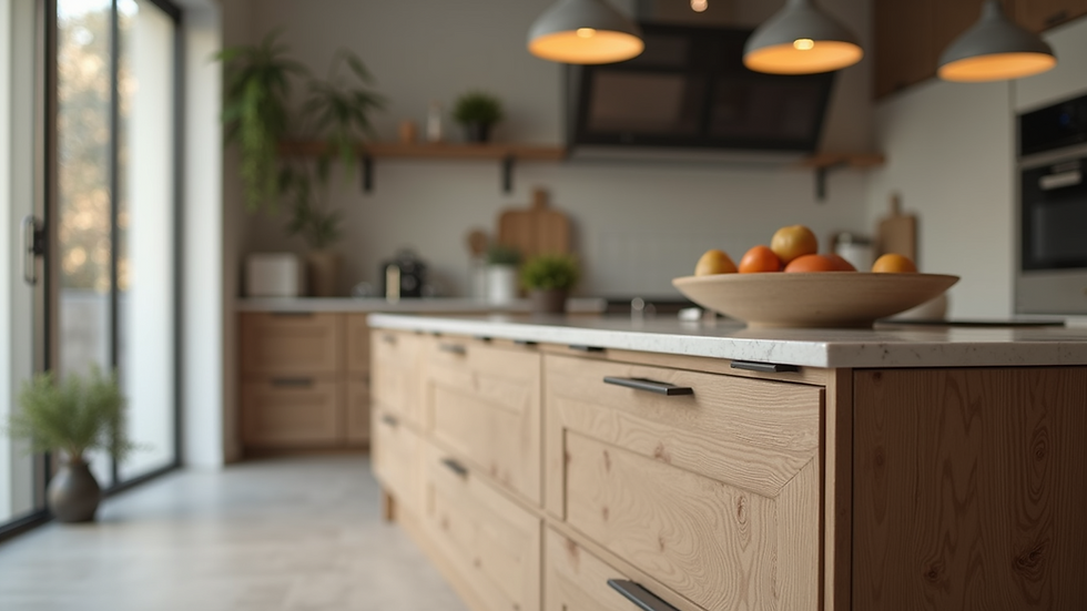 Close-up view of kitchen island with pendant lighting and storage drawers