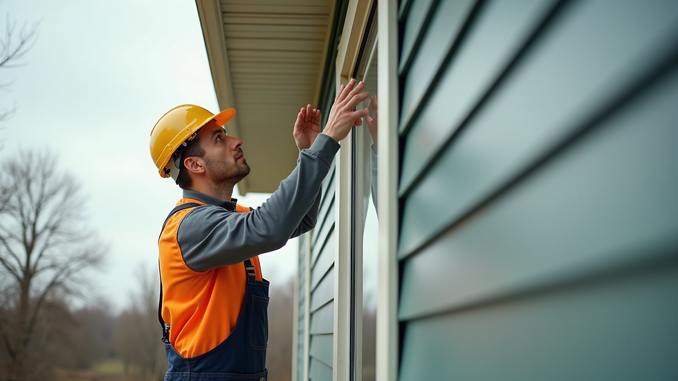 Eye-level view of professional installer fitting vinyl siding on a house