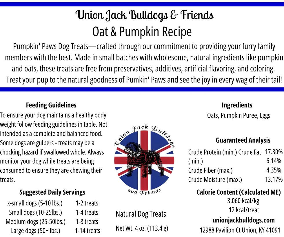 An image of the pumpkin and oat natural dog treat nutritional label