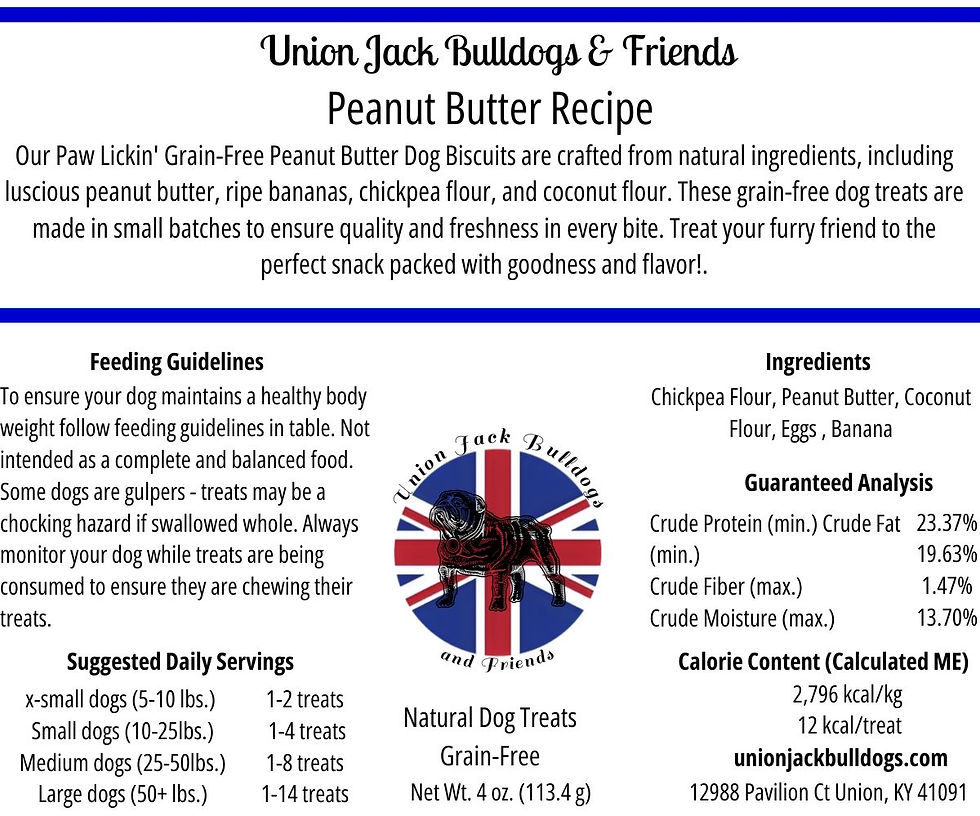 An image of the nutritional label for Paw Lickin' Grain-Free Peanut Butter Dog Biscuits, listing detailed information such as ingredient composition, guaranteed analysis (protein, fat, fiber, moisture levels), calorie content, and feeding guidelines.
