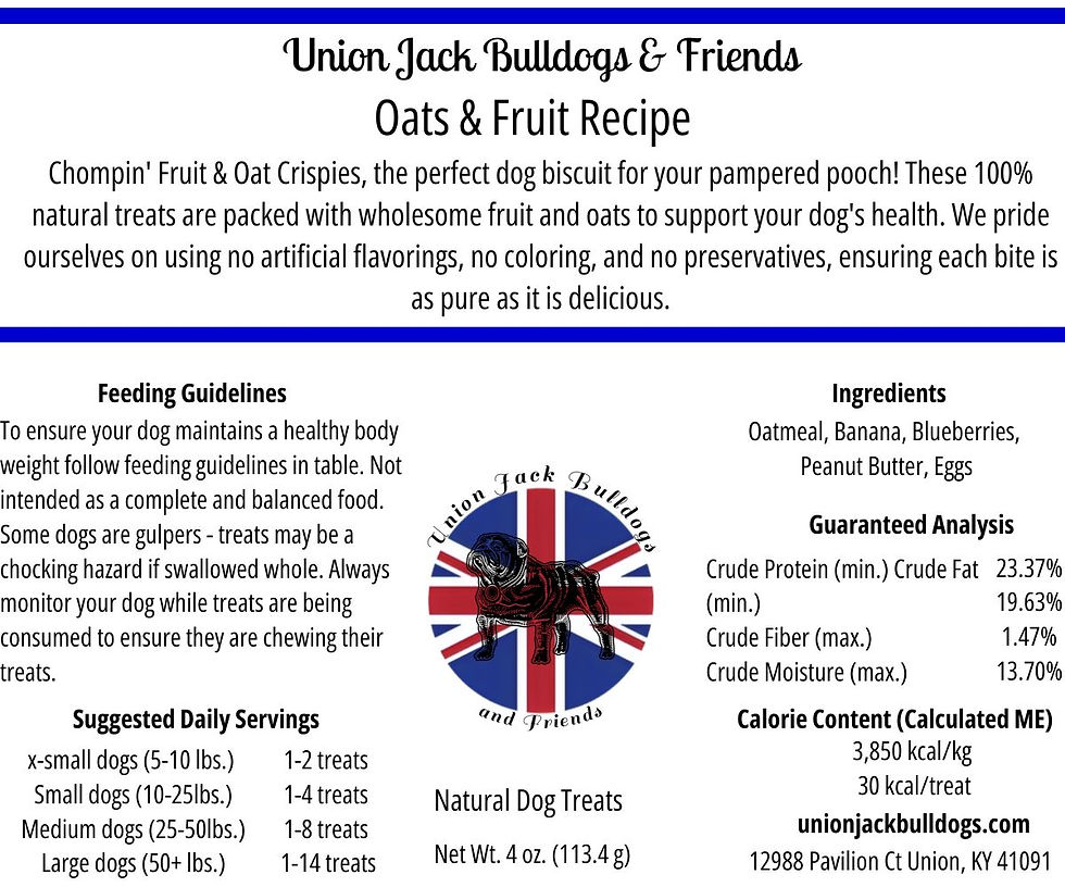 An image of the nutritional label for Chompin' Fruit & Oats Natural Dog Treats, listing detailed information such as ingredient composition, guaranteed analysis (protein, fat, fiber, moisture levels), calorie content, and feeding guidelines.