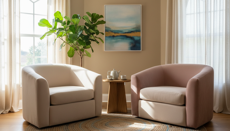Eye-level view of two empty cozy chairs facing each other in a calm therapy room