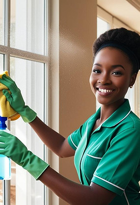 _Photo-realistic image of an African woman in a neat green and blue cleaning uniform, smil