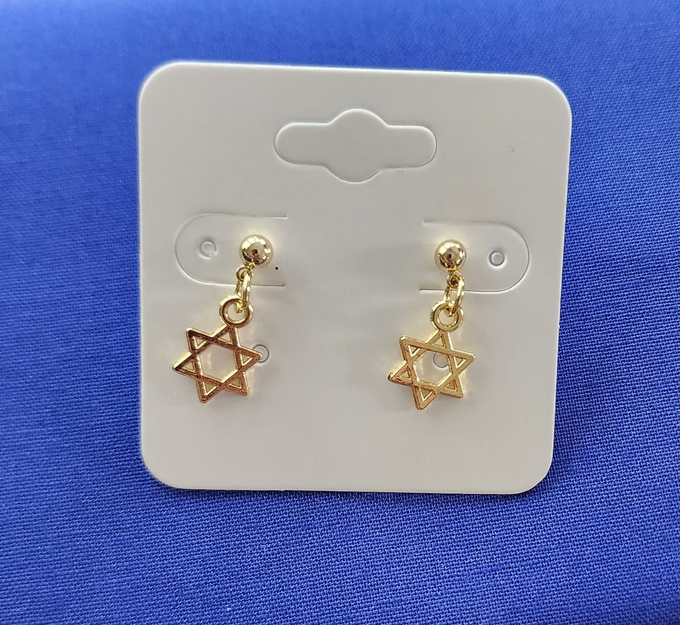 Gold Star of David dangle earrings on display card