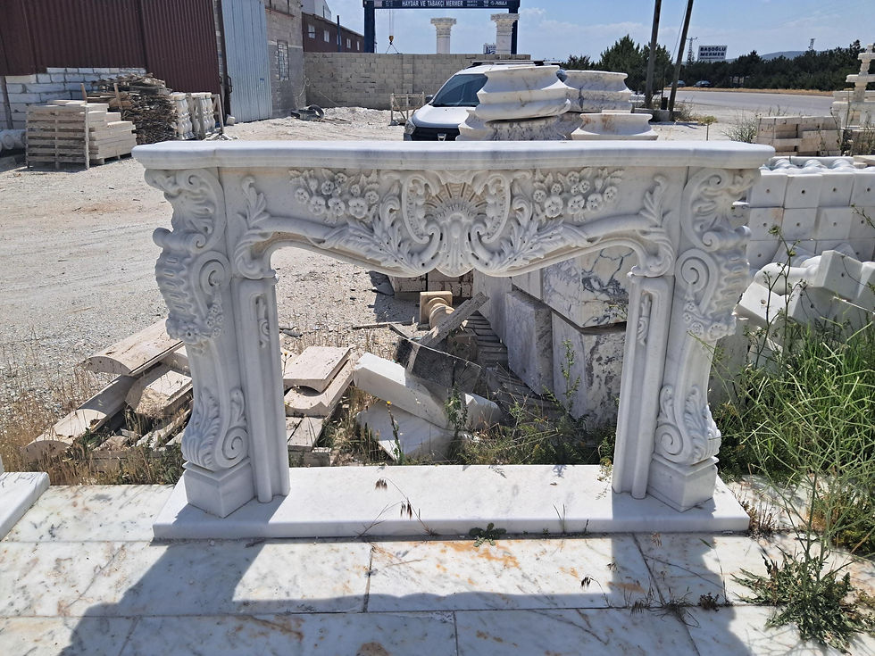 Küçük resim: Handcrafted Carrara White Marble Fireplace Mantel, Detailed Artisan Carving, Cus