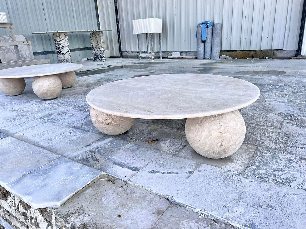 Küçük resim: Modern Beige Travertine Coffee Table, Handmade Natural Stone Centerpiece, Handcr