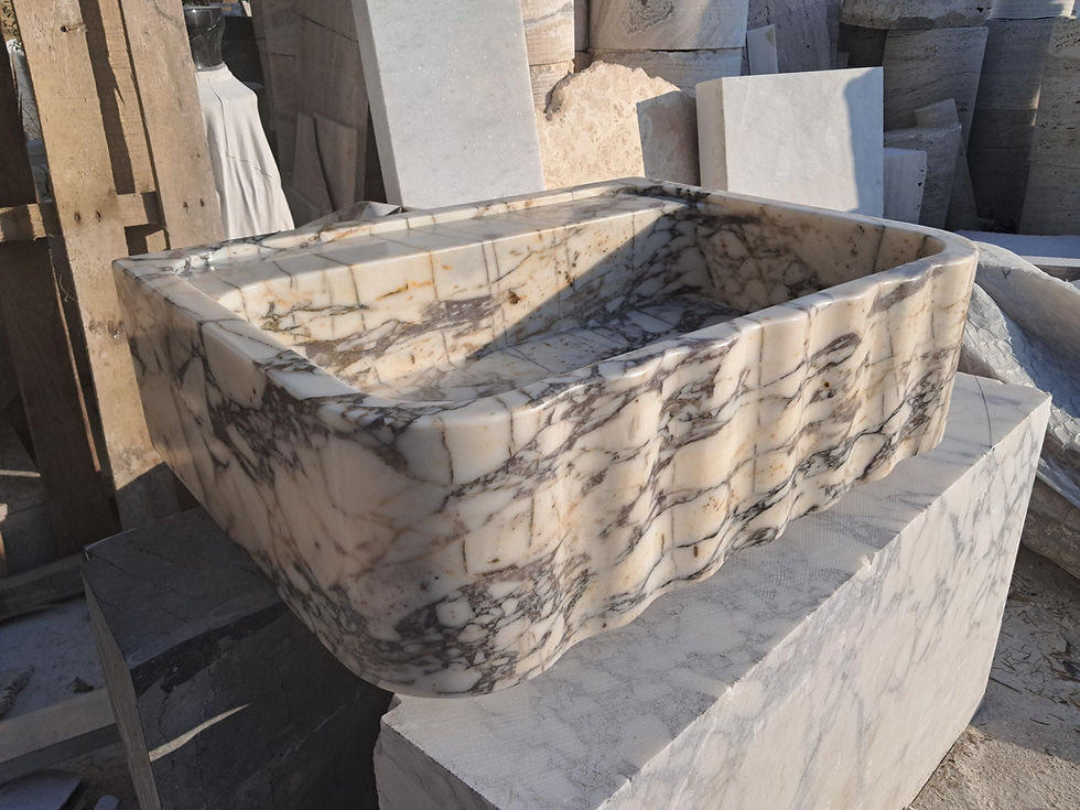 Küçük resim: Elegant Ribbed Design Marble Sink, Handcrafted Fluted Design Rectangular Marble 