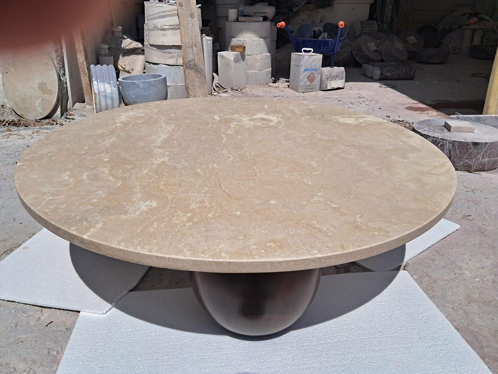 Küçük resim: Round Travertine Coffee Table with Wooden Sphere Legs, Handcrafted Modern Beige 