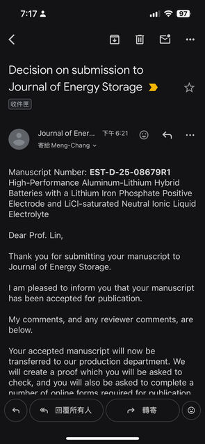 2025/11/17 Congratulations to Chun-Yu Shen, Tsung-Hao Tsai, Kuan-Yu Lin, Hsin-Yu Ho,  on their newest publication on Journal of Energy Storage (IF:9.8) 