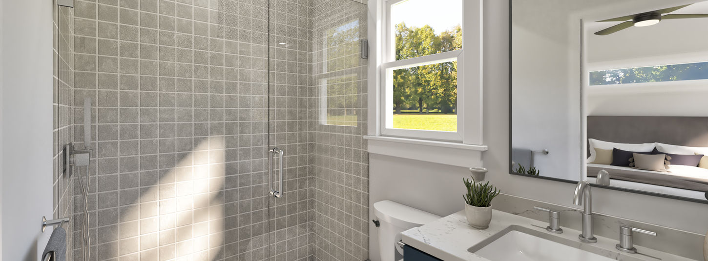 Full bathroom with gray tile backsplash