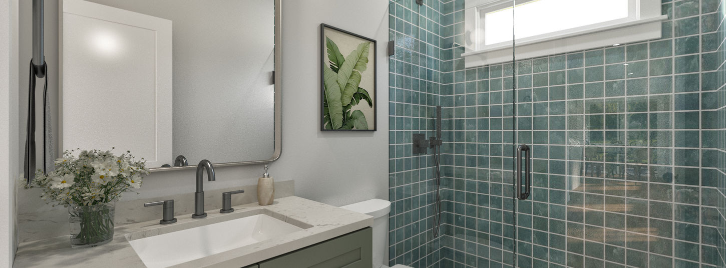 Full bathroom with teal tile backsplash