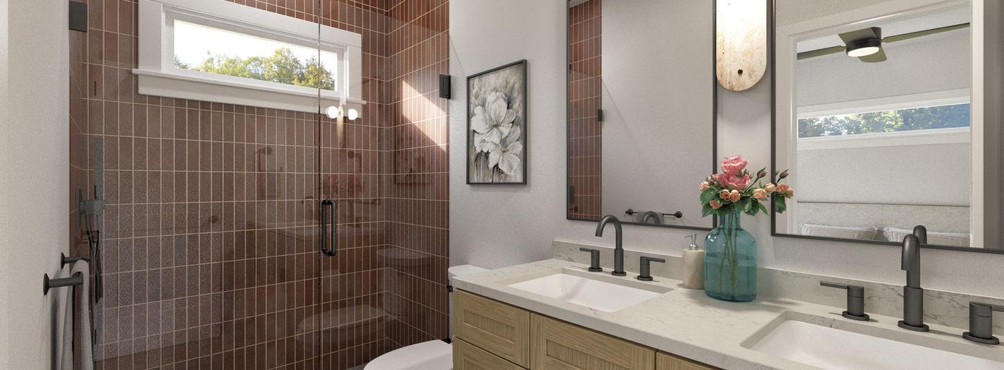 Full bathroom with brown tile backsplash and double vanity