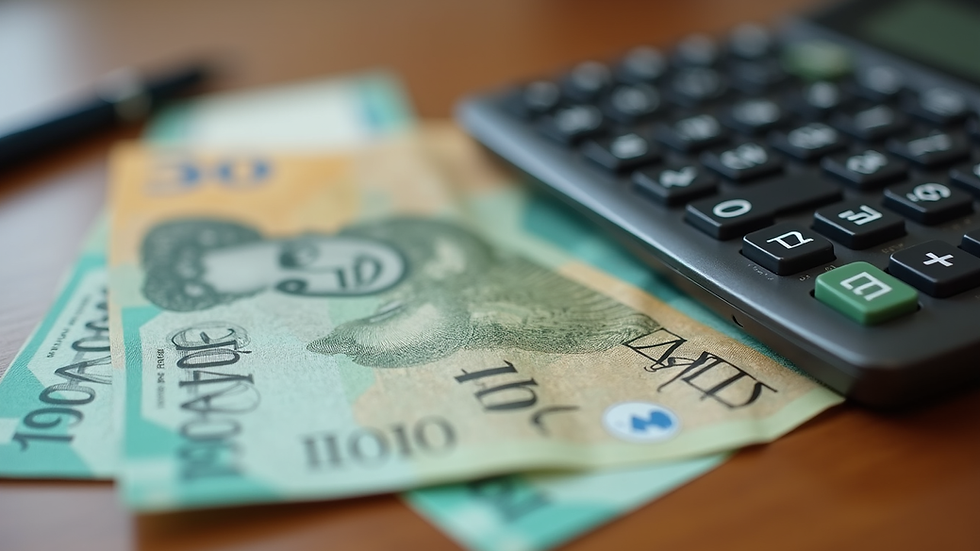 Close-up view of a calculator and Australian dollar notes on a wooden table