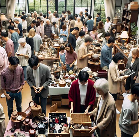 Photo-of-a-bustling-estate-sale-in-a-suburban-home-with-diverse-groups-of-people-browsing-