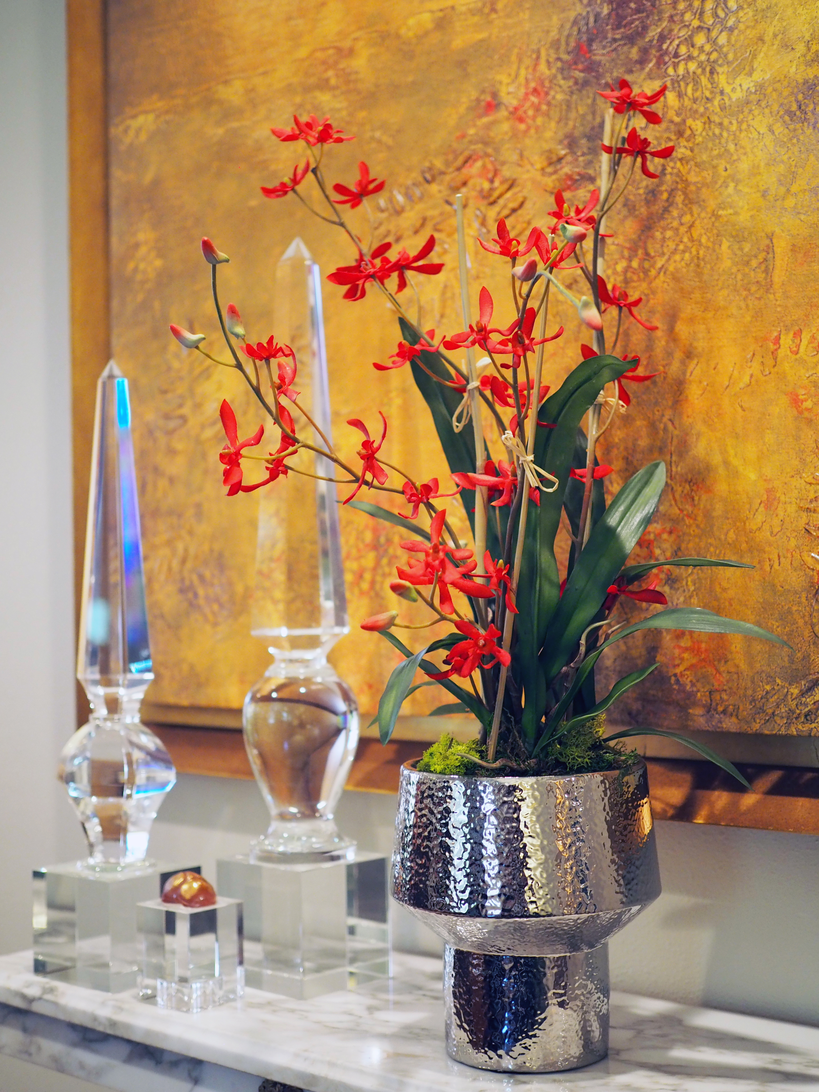 Red Dendrobium in Silver Urn