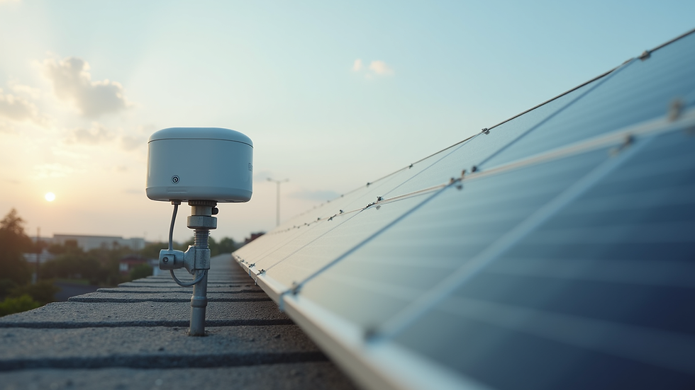 Eye-level view of a solar panel connected to a WiFi router on a rooftop