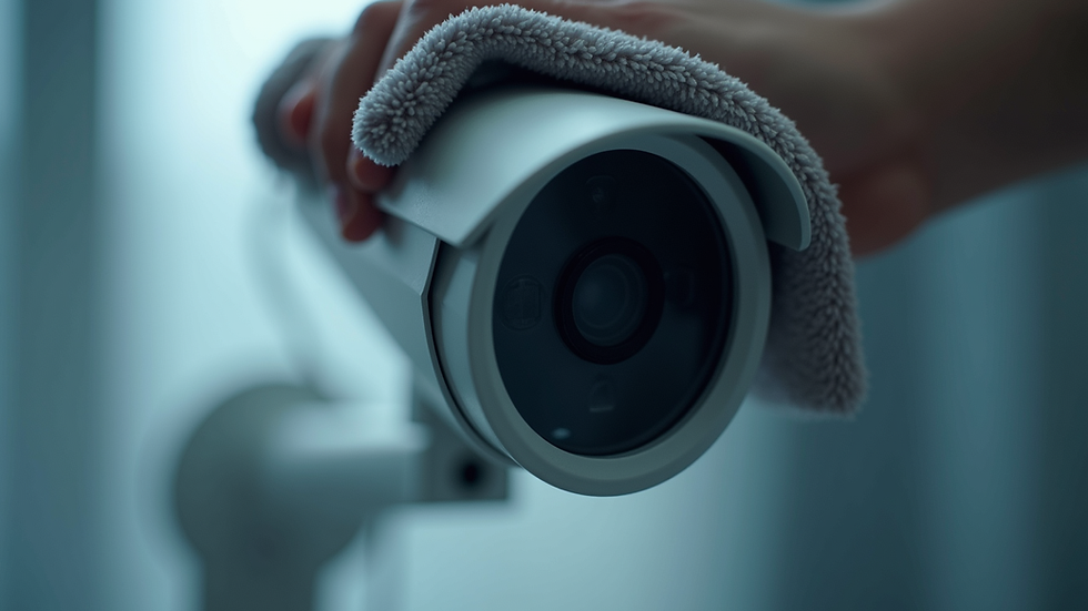 Close-up view of CCTV camera lens being cleaned with a soft cloth