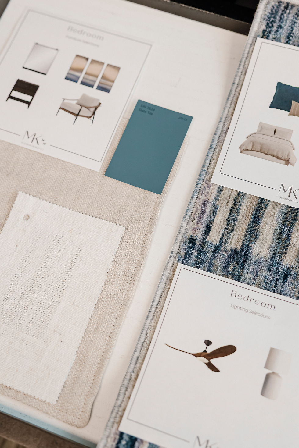 Interior design mood board featuring bedroom selections: fabric swatches, a teal paint sample, and images of furniture and lighting on a table.