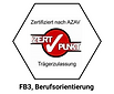 Batch der AZAV Zertifizierung, sechseckige Form mit dem Wort "Zert-Punkt" vor rotem Hintergrund