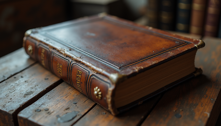 Eye-level view of an old leather-bound copy of Frankenstein on a wooden table