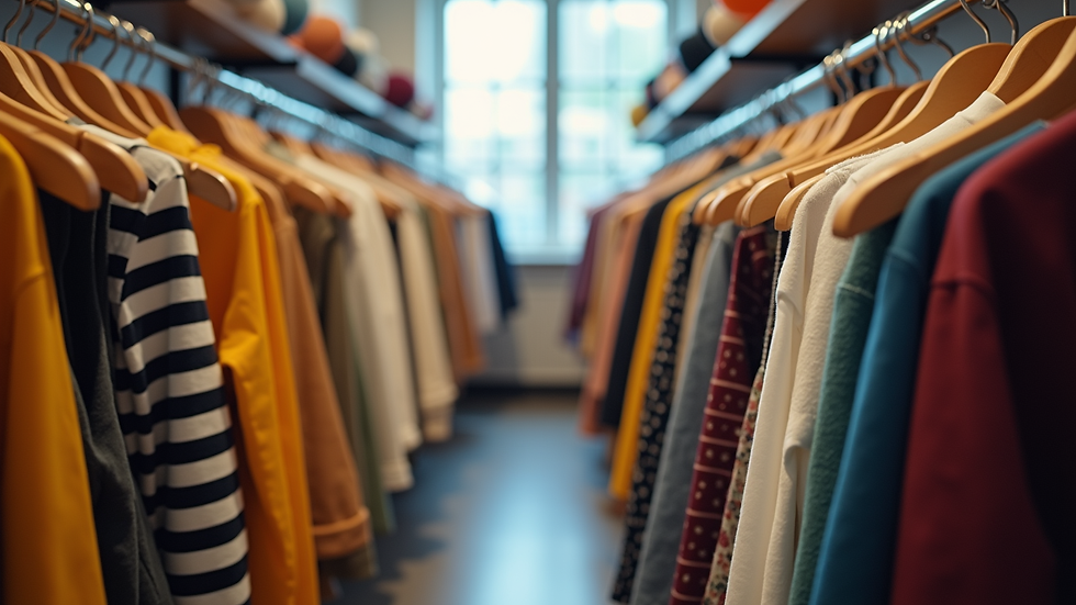 Eye-level view of a clothing rack with various colourful garments