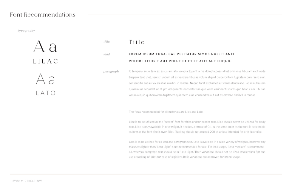 Typography and color scheme section from 2900M brand guidelines.