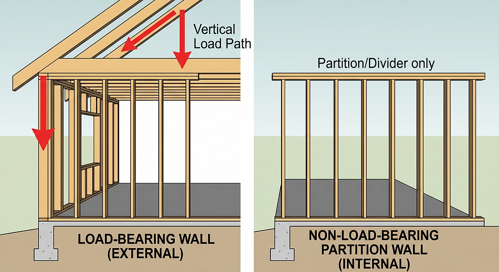 Diagram showing the vertical load path and structural weight distribution in a wood-frame wall.