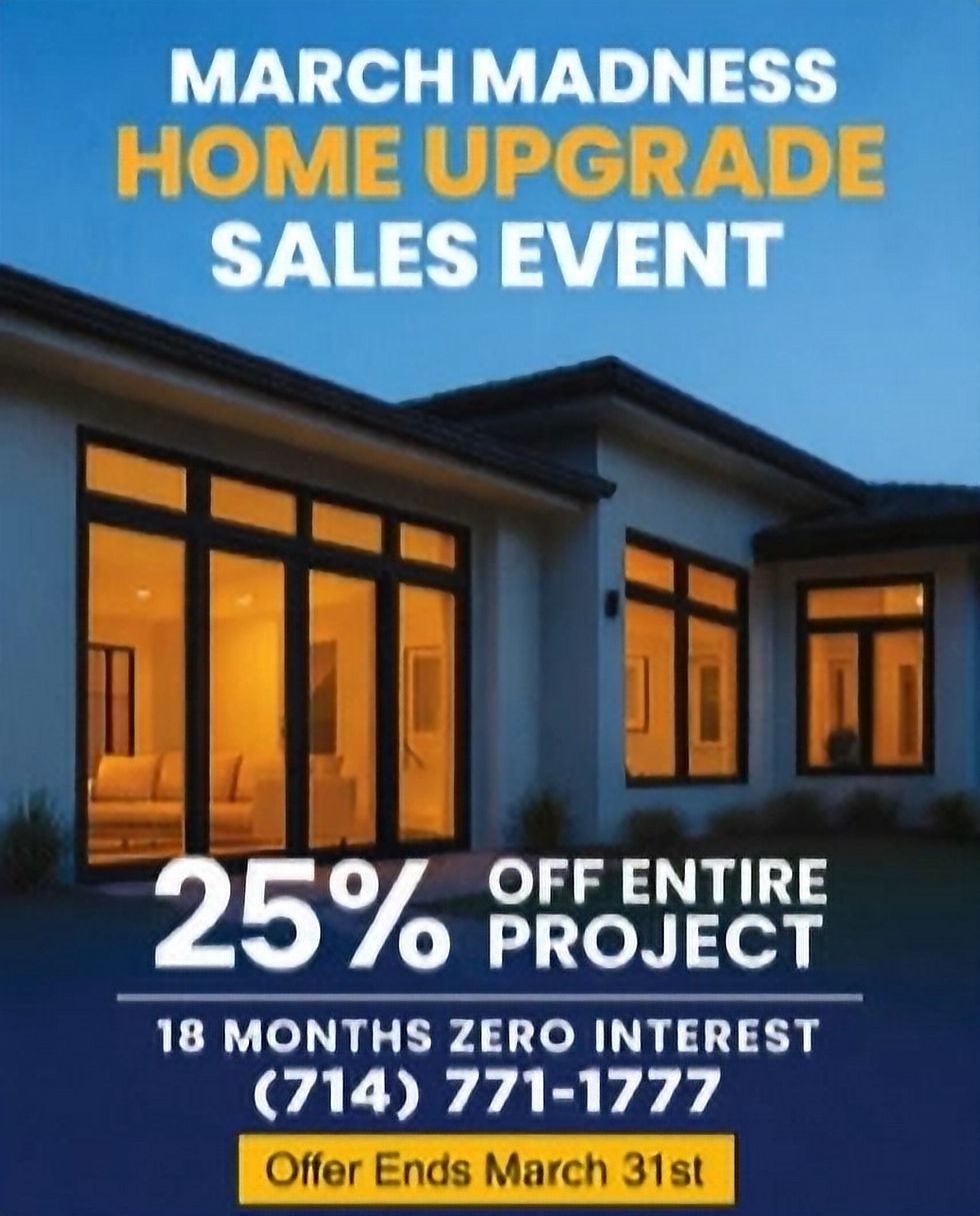 XP Windows and Doors March savings event offering 25% off and zero-interest financing.
