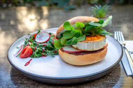 Bagel with goat cheese for breakfast or brunch