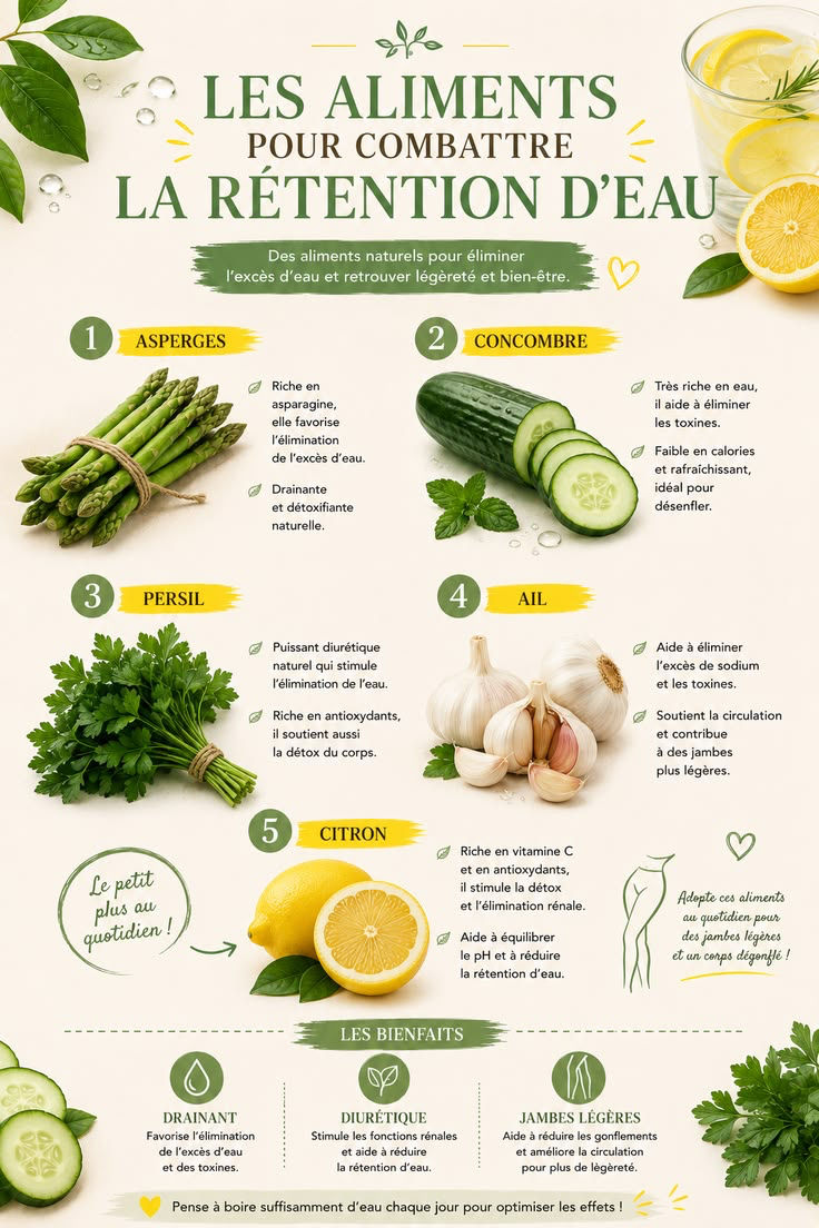 Images illustrants les aliments pour combatre la rétention d'eau: asperges, concombre, persil, ail, citron