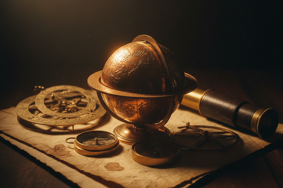 Une mappe céleste, un globe en zinc, des boussoles et une longue vue posés sur un bureau en bois