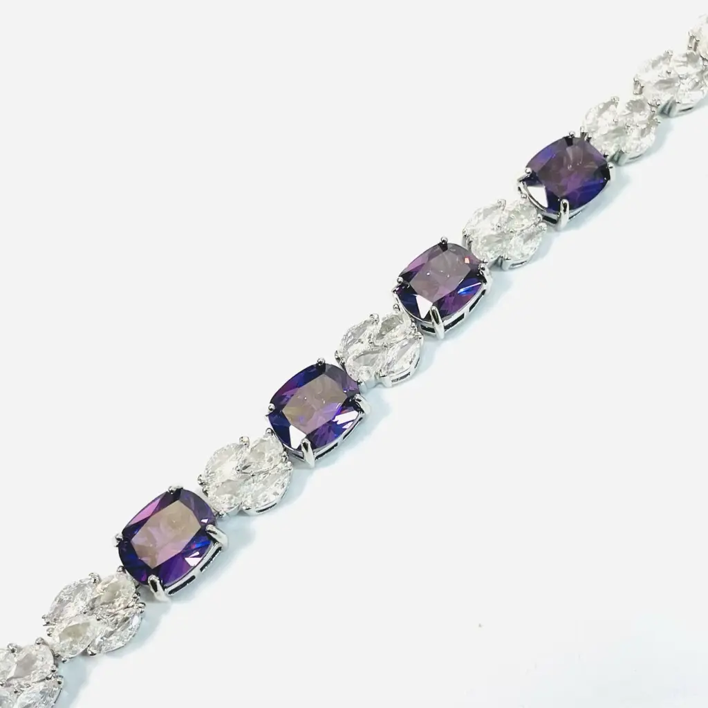 PULSEIRA RIVIERA QUADRADA COM GOTAS - CRISTAL/AMETISTA/RÓDIO