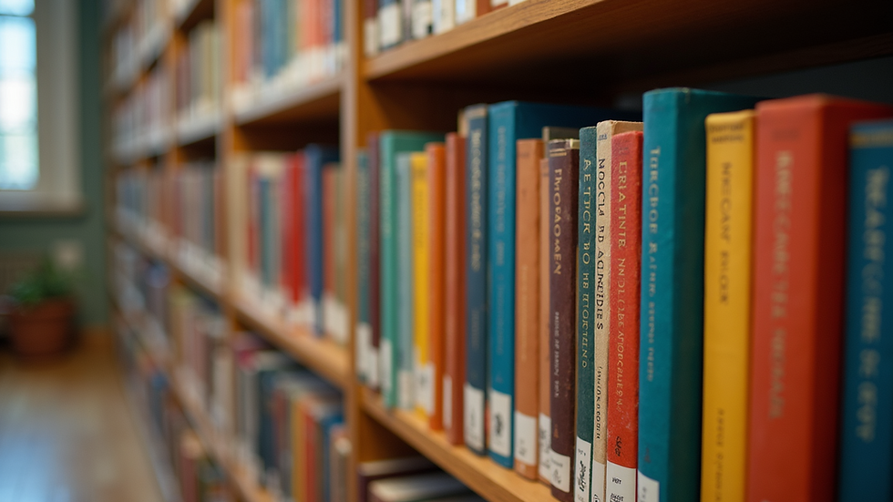 High angle view of a colorful bookshelf organized by book spine colors