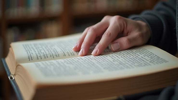 Person with hand on book as they are reading
