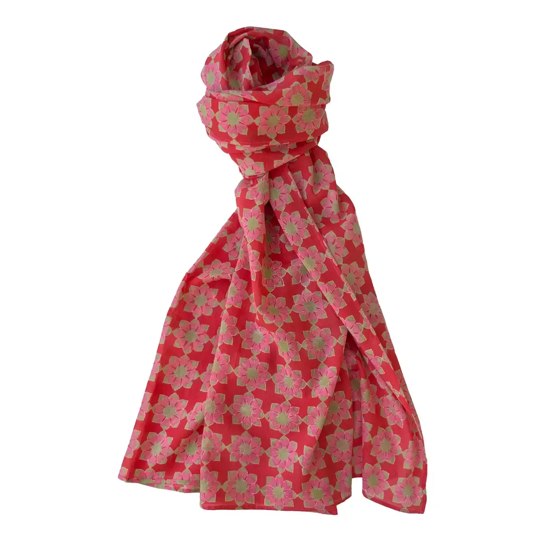 Block Print Cotton Scarf - Octagonal Red