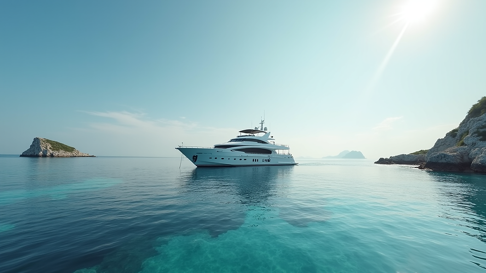 Wide angle view of a luxury yacht anchored in a tranquil bay