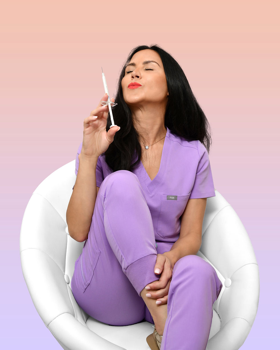 Woman in purple scrubs sits in white chair, holding a syringe with eyes closed, lips puckered. Background is a peach gradient.