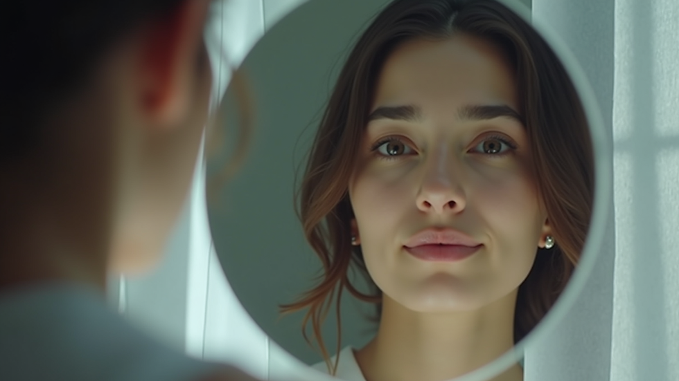 Close-up view of a person’s reflection in a mirror with soft focus on the face