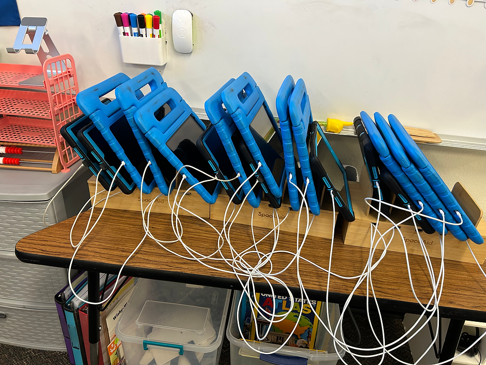 Here is our technology corner! We almost have one-to-one technology (we are a few iPads short)! We use the iPads a couple times a day for various subjects. I absolutely love these SpaceAid storage for the tablets. My mom purchased some and so did others for our classroom- THANK YOU!