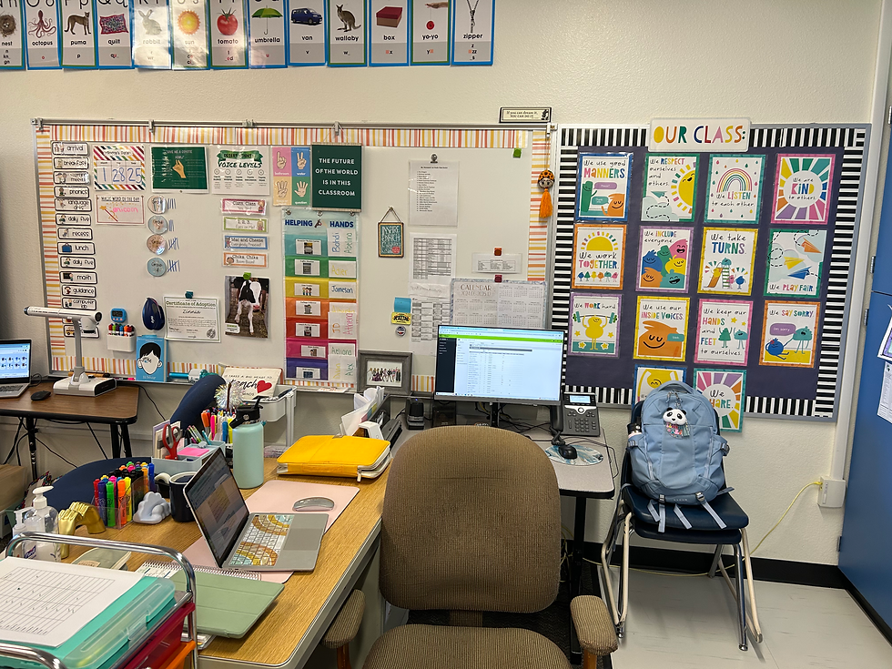 Here's my corner of the room! I have a couple desks set up and a desktop computer which is nice. However, there's rarely time to sit down during the school day haha!