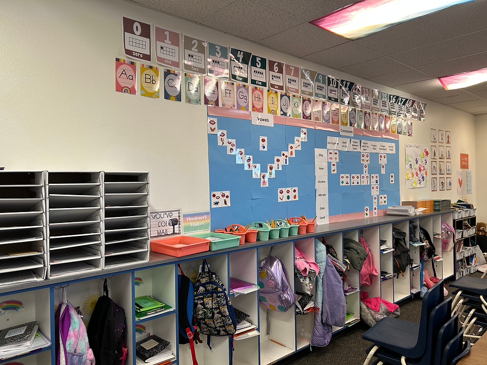 This is the back wall where the students' cubbies are. This is where they keep their coats, backpacks, and supplies. You can also see their mailboxes.