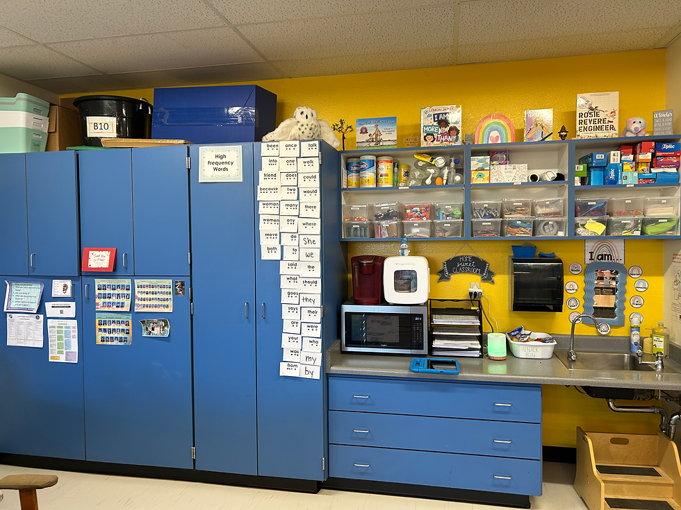 Here is a view of the final wall in our classroom. Lots of space for storage here and I'm grateful to have a mini fridge, Keurig, and microwave in my room!