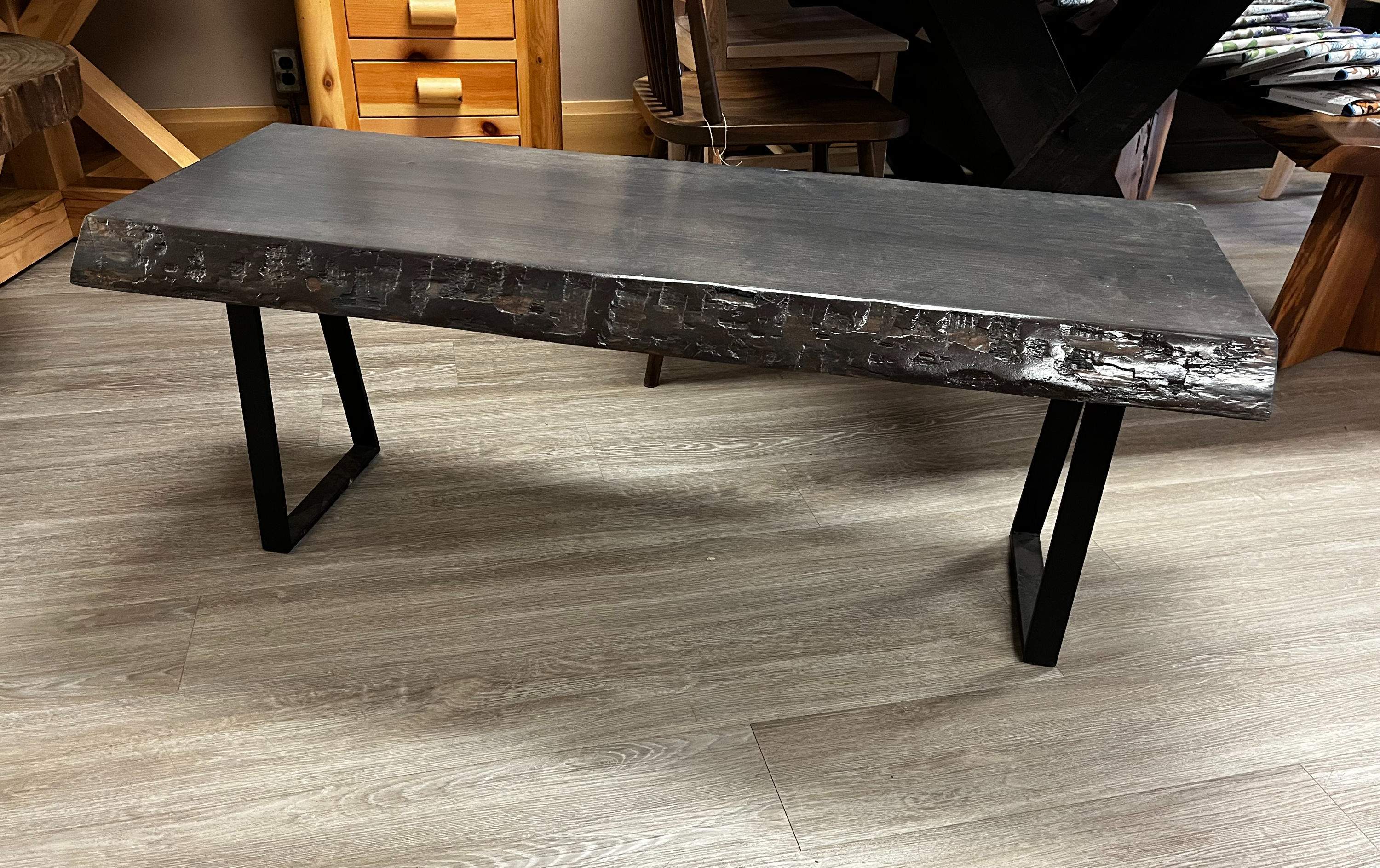 black stained live edge pine bench