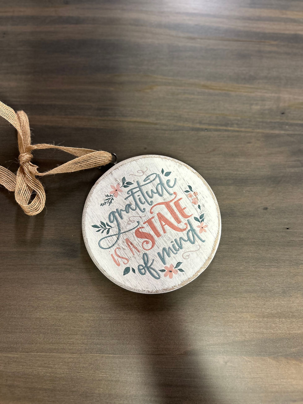 gratitude sign on a cambridge live edge table