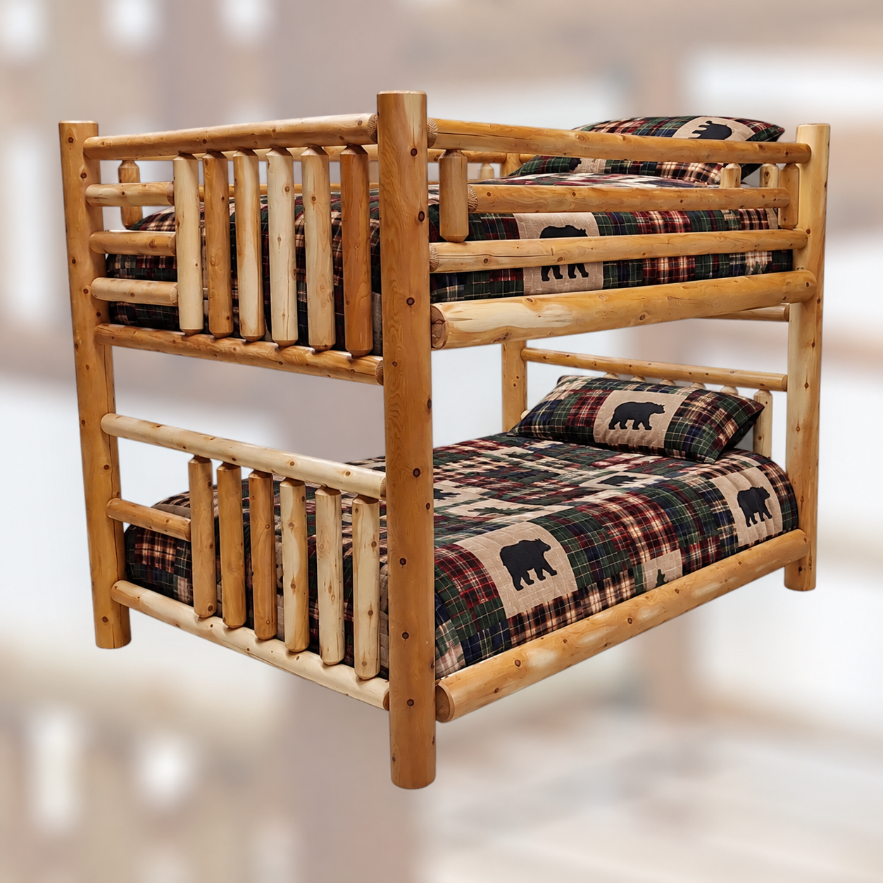 Kerwood cedar queen over queen log bunk bed made in Ontario