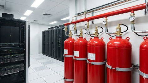 Автоматична система газового пожежогасіння з червоними балонами у серверній кімнаті.